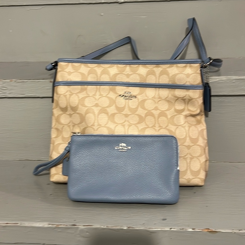 Coach purse (beige/light blue) and matching wallet- only selling as a set